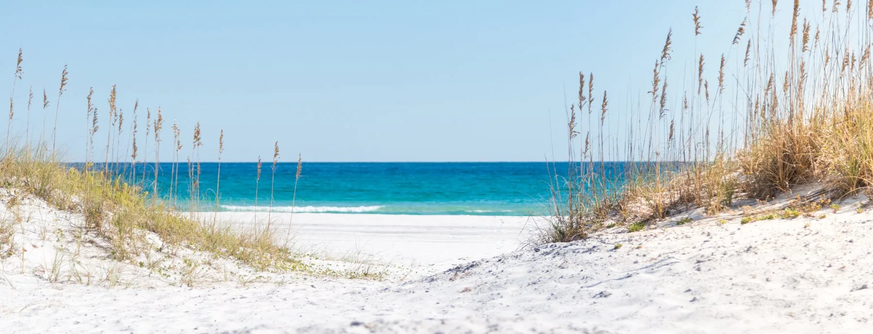 A sandy path through dune grass opening onto a turquoise Florida beach